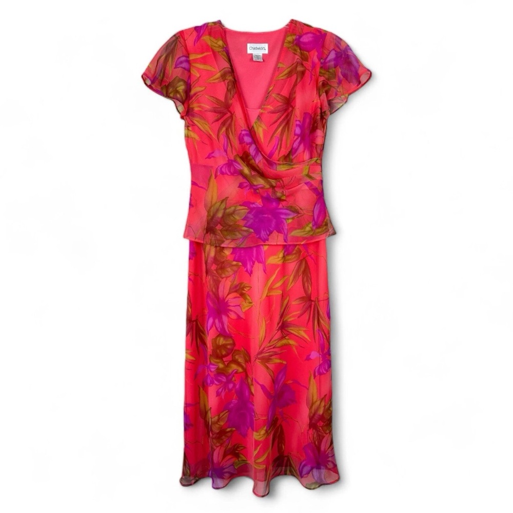 Chadwicks Coral Pink Floral‎ Print Sleeveless Dress Chiffon Womens Sz 8